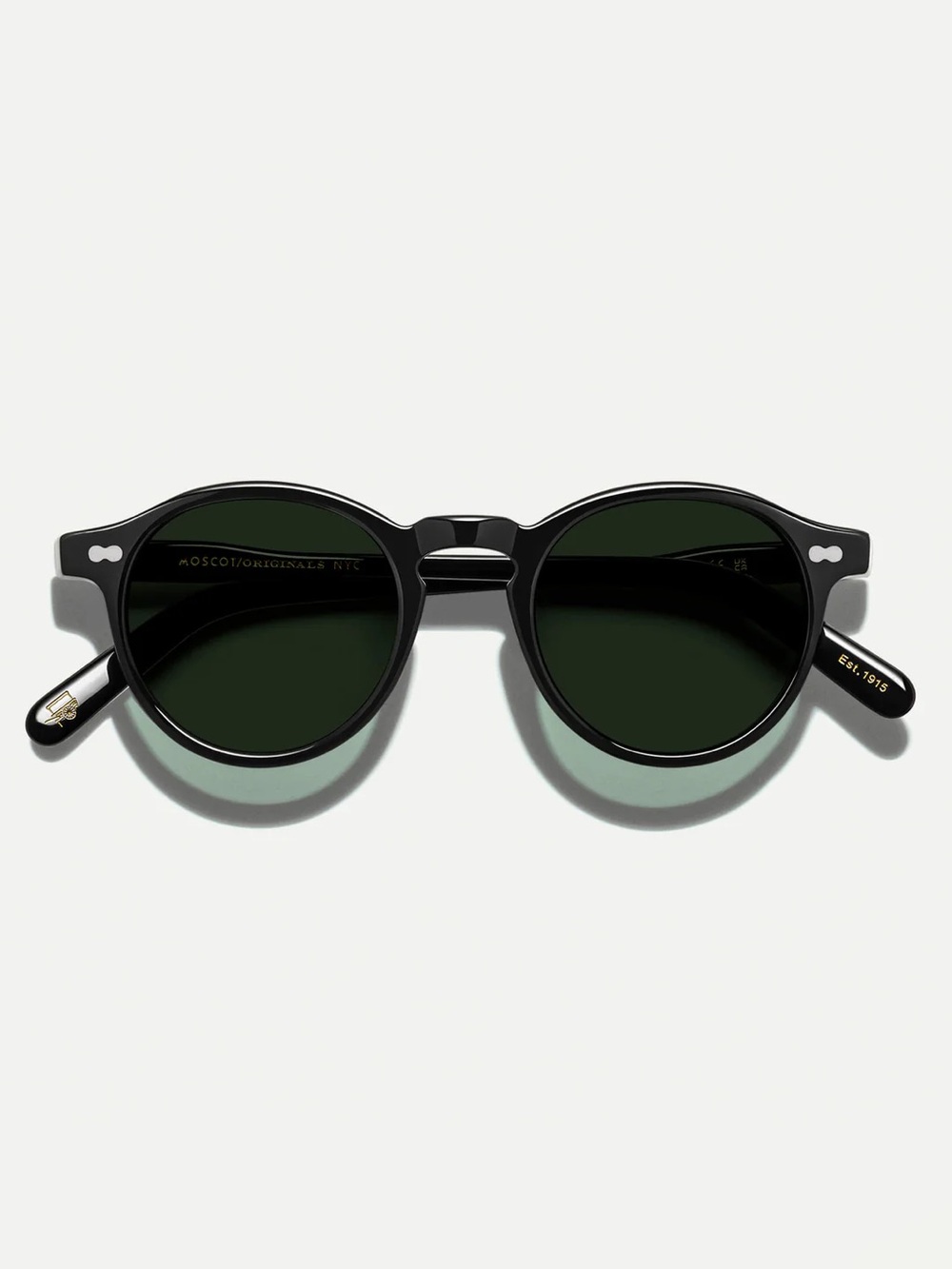 MOSCOT Black Frame Sunglasses with Dark Green Lenses